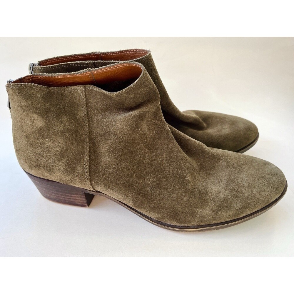 Lucky Brand Suede Ankle Boots Size 10 Olive Leather Lined Minimalist Zip Booties